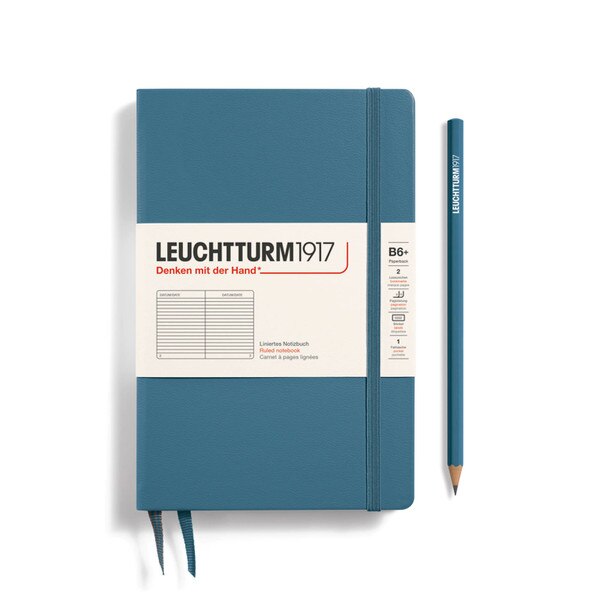 Stone blue hardcover ruled notebook with 2 bookmarks, with thin fabric strap closure.